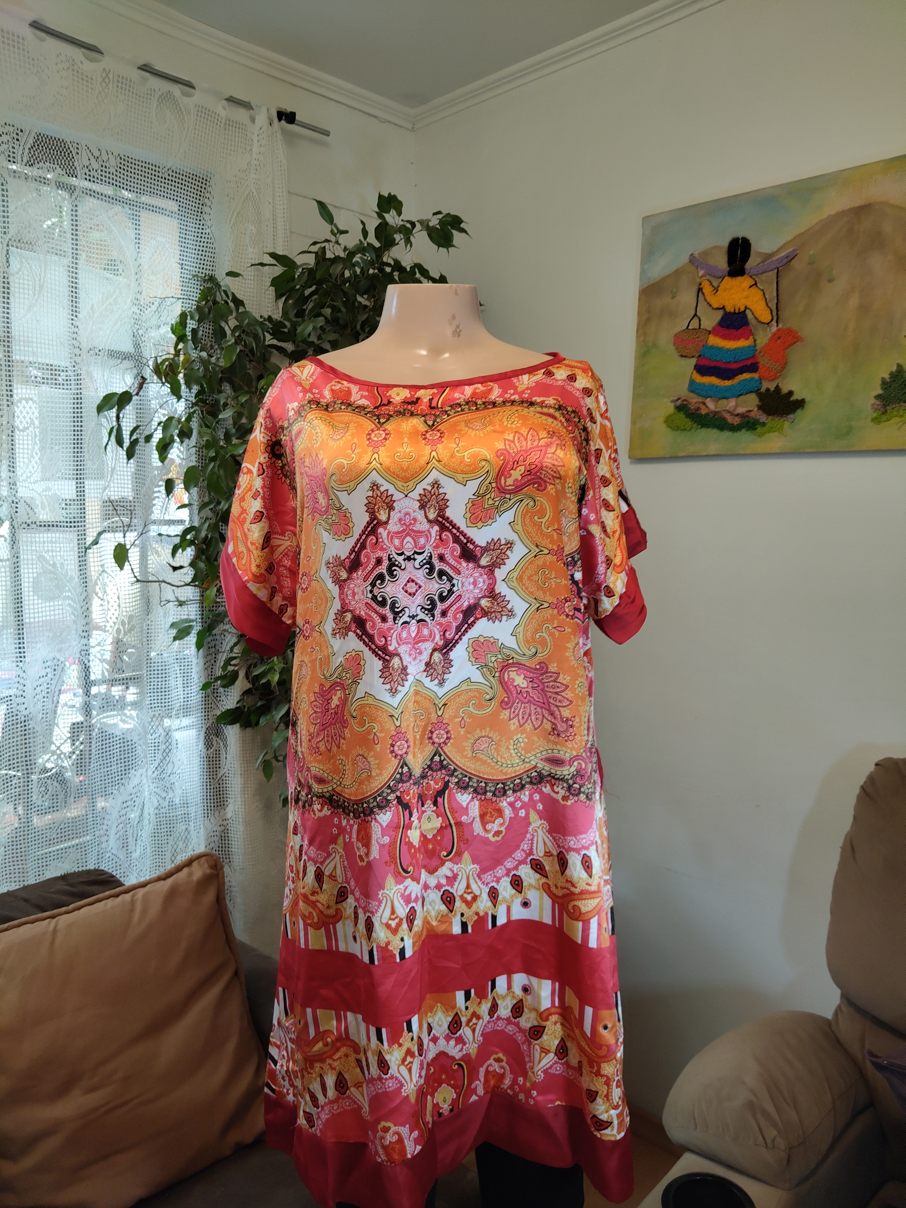 Vestido seda coral naranja paisley étnico