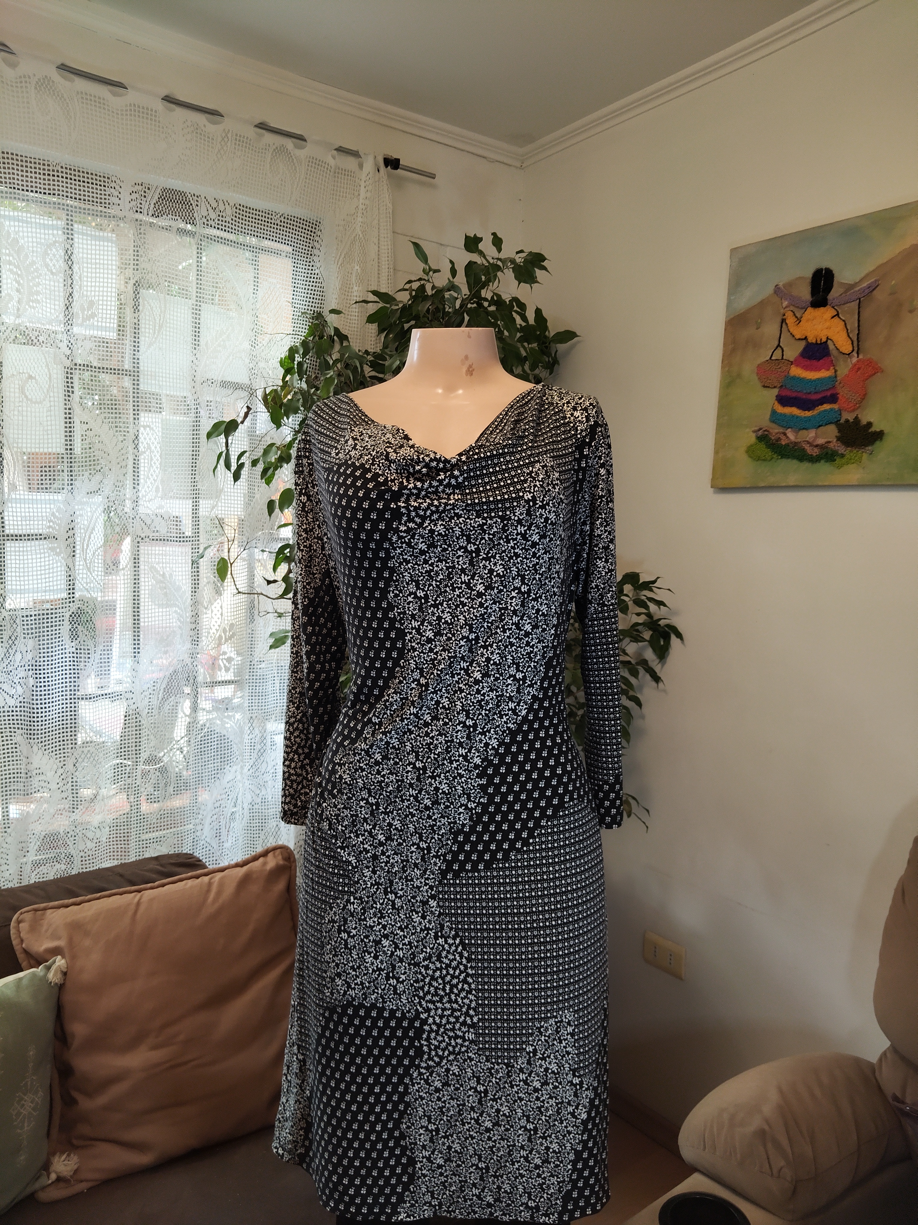 Vestido negro y blanco estampado mixto manga larga