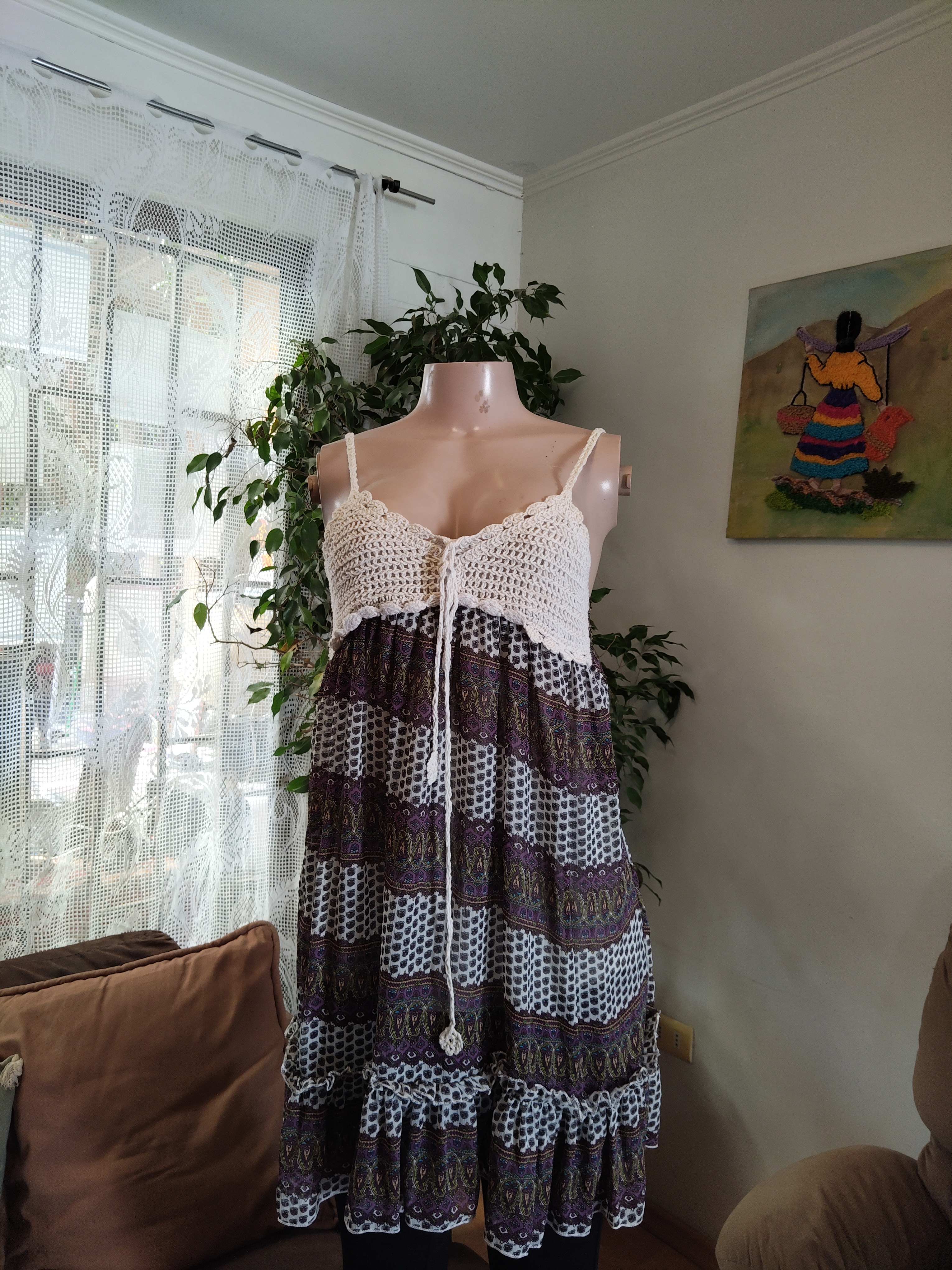 Vestido boho crochet crema falda estampada