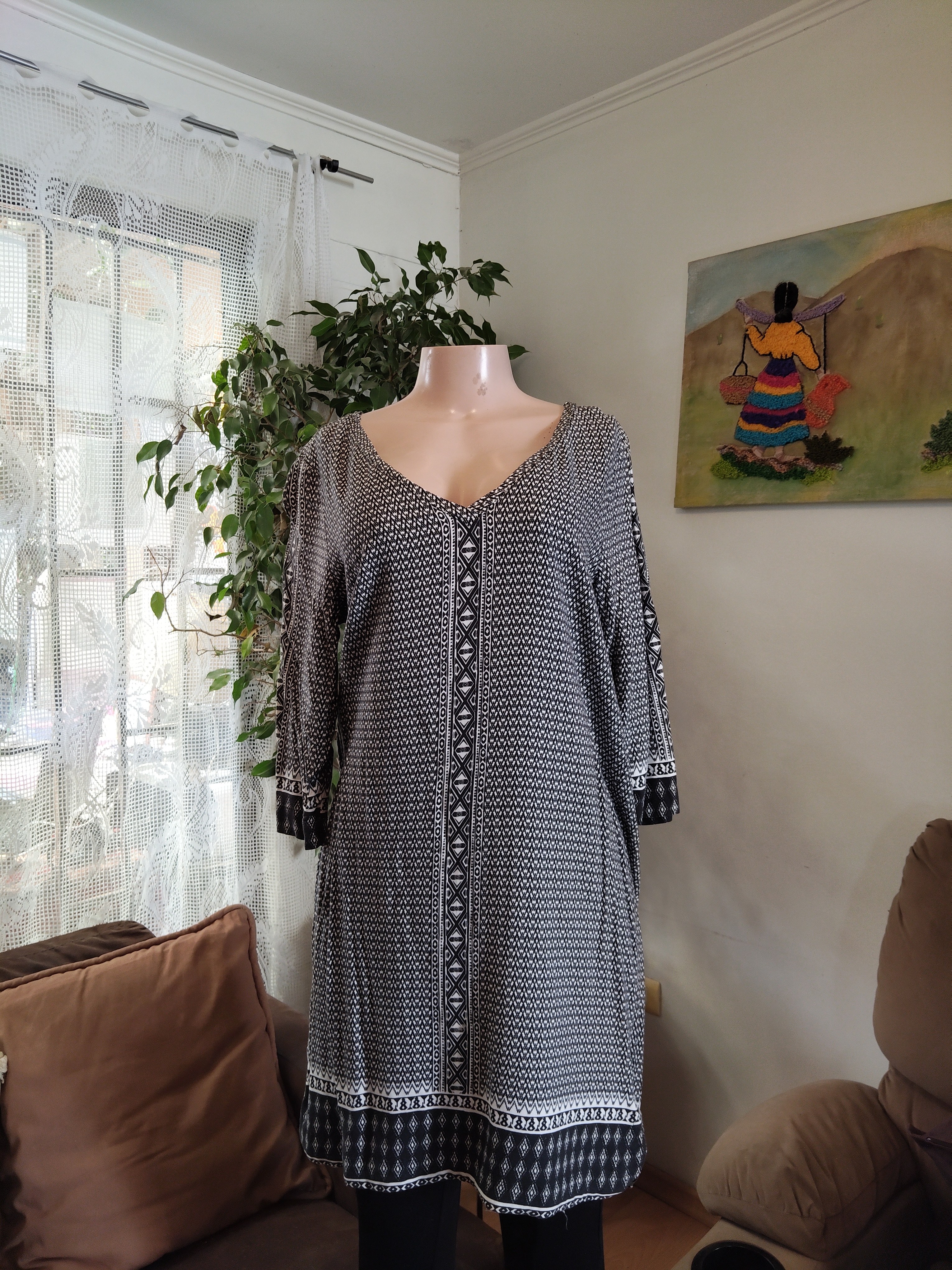 Túnica étnica negro y blanco manga 3/4